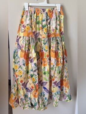 Tiered Floral Midi Skirt - Yellow Multi Cotton Linen.